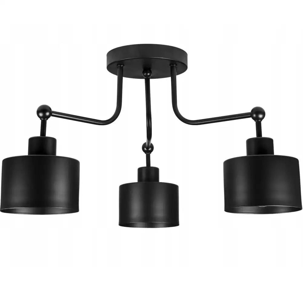 Taklampe Lysekrone med tre matte, svarte sylinderskjermer og buede armer mot hvit bakgrunn.