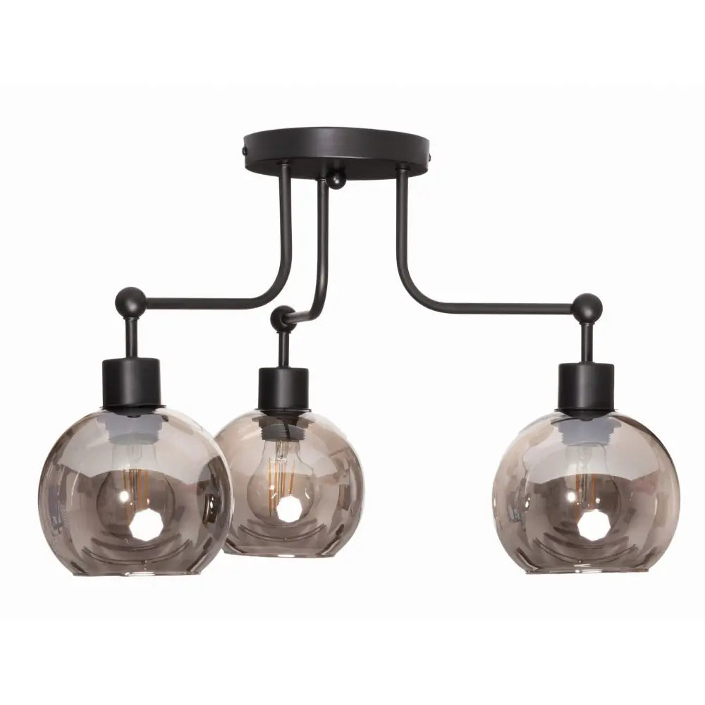 Taklampe Venus med tre sotede glasskupler og sorte detaljer, lyspærer synlige gjennom glasset.