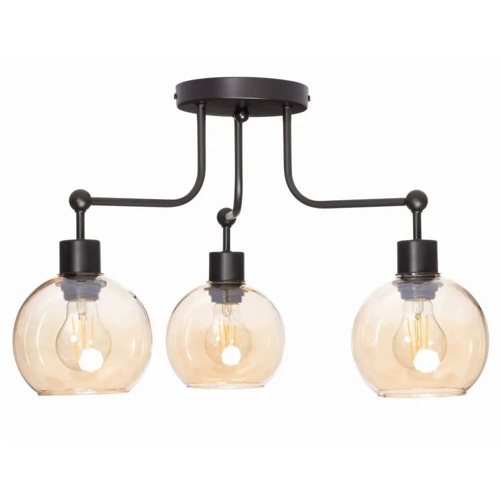 Taklampe Venus med tre ravfargede glasskupler og sorte metallfester, frontvisning mot hvit bakgrunn.