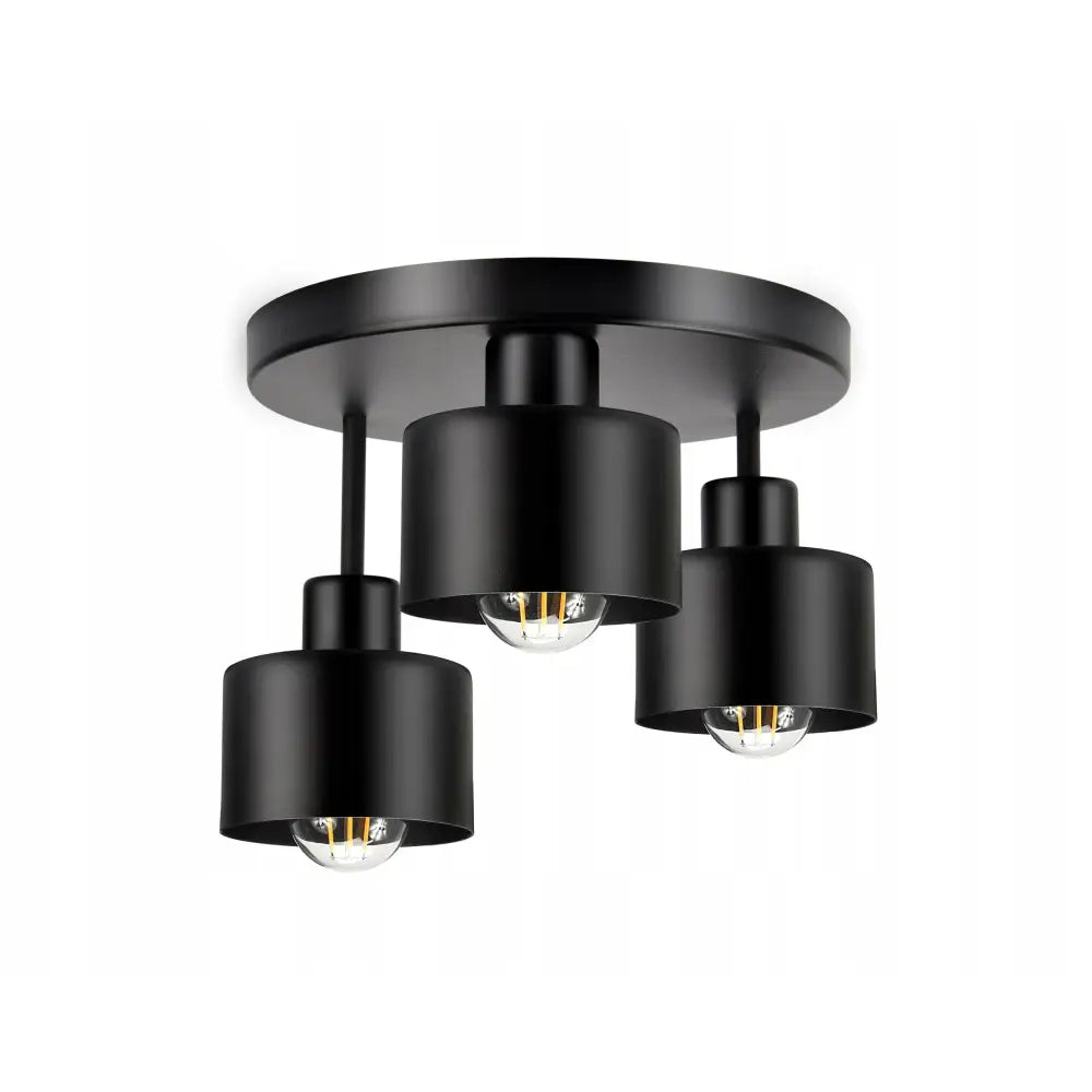 Taklampe Lysekrone i svart metall med tre sylinderformede skjermer, sett skrått nedenfra.