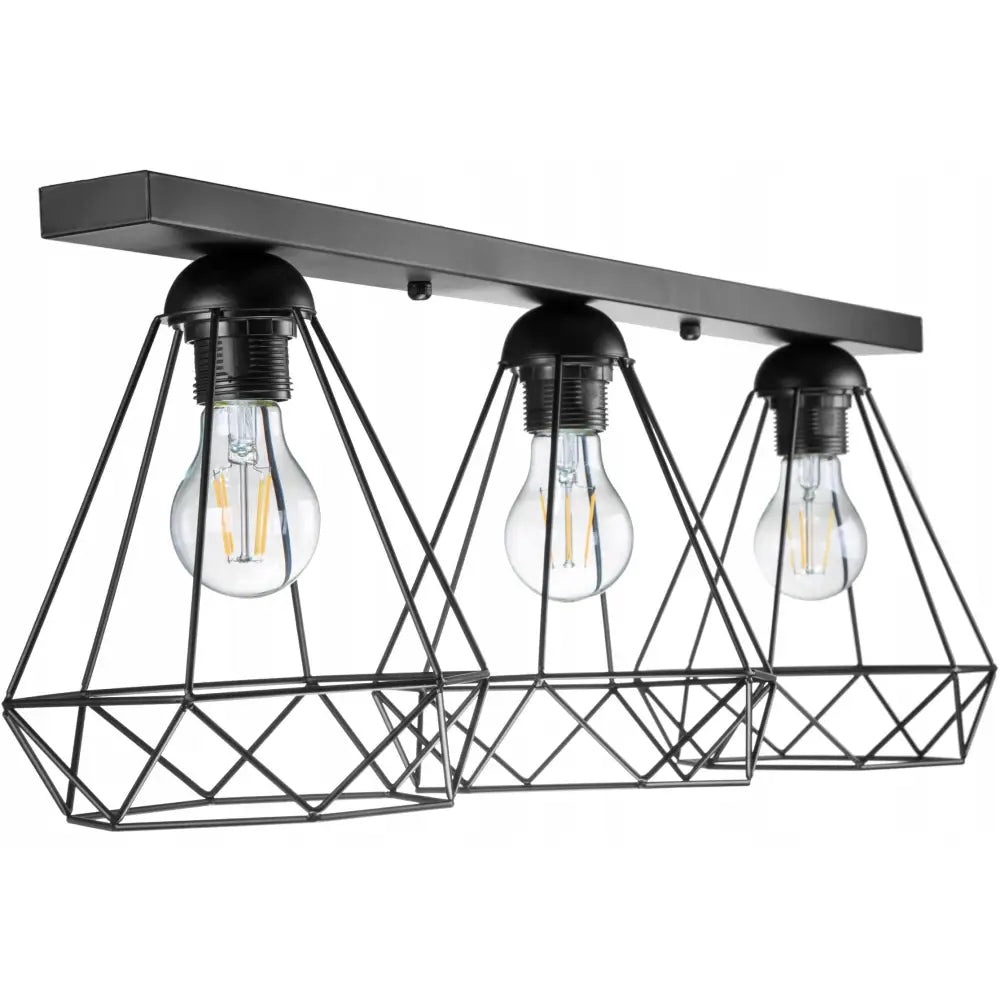Taklampe med tre diamantformede skjermer i sort metall, viser pærene og de geometriske burene forfra.
