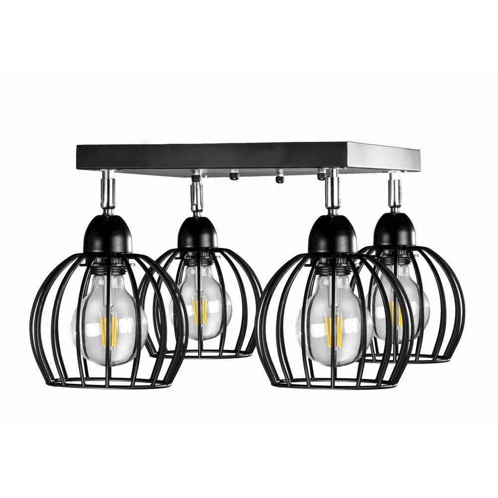 Taklampe i sort metall med fire burformede skjermer og synlige lyspærer, frontvisning mot hvit bakgrunn.