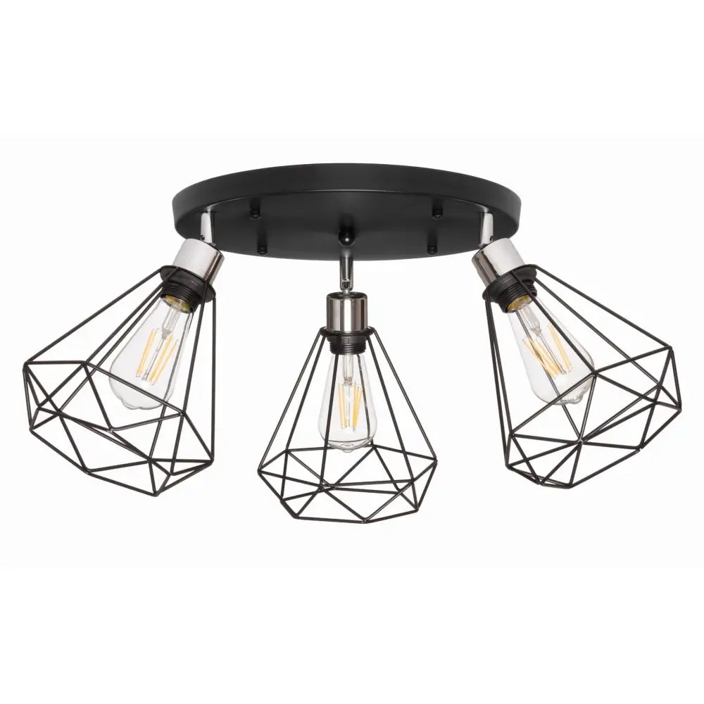 Taklampe Plafond med tre diamantformede svarte metallskjermer og synlige glødetråder, sett nedenfra.