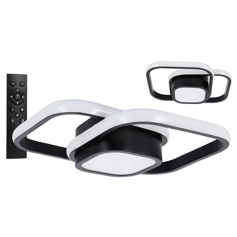 Taklampe Plafond Moderne LED med svarte og hvite ringer, vist fra siden sammen med fjernkontroll.