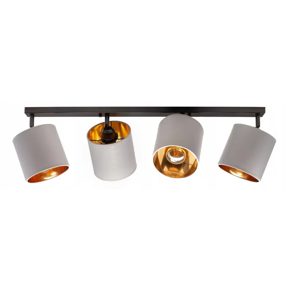 Taklampe Skinne 4, fire matt grå sylindriske skjermer med gullfarget innside, sett forfra.