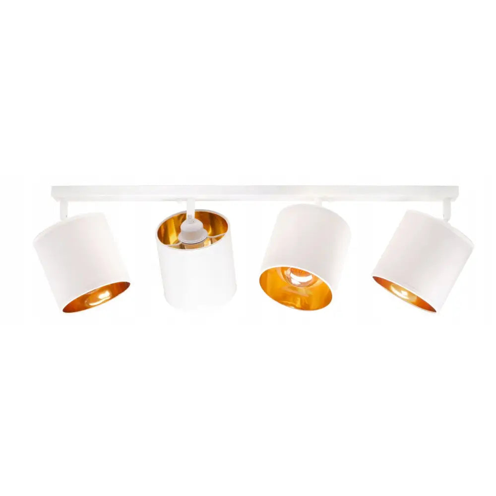 Taklampe Skinne 4 med fire hvite sylinderskjermer og gullfarget innside, sett rett forfra.