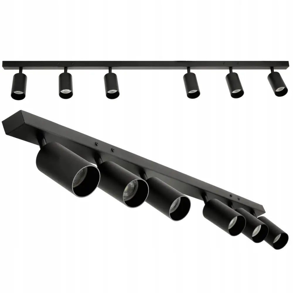 Taklampe Skinne Spot med seks justerbare svarte sylinderspotter i metall, sett fra front og skrå vinkel.