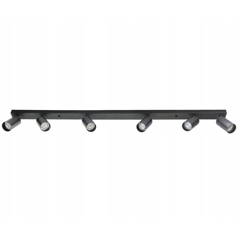 Taklampe Skinnespot GU10, seks sorte metallspots i rekke, frontvisning mot hvit bakgrunn.