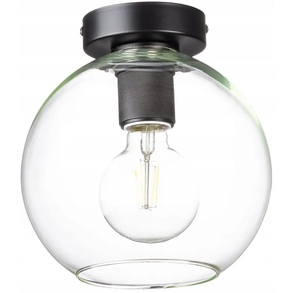 Taklampe Madrid med rund, gjennomsiktig glasskuppel, sort metallfeste og synlig lyspære.