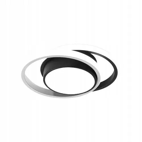 Taklampe i sort med to overlappende sirkulære LED-ringer, moderne design og matt finish, sett fra undersiden.