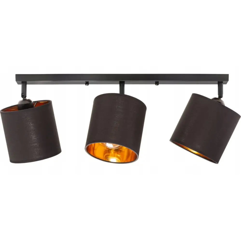 Taklampe Svart Trippelskinne med Skjerm Oro, tre mørkebrune sylinderskjermer med gull innside på sort metallstav.