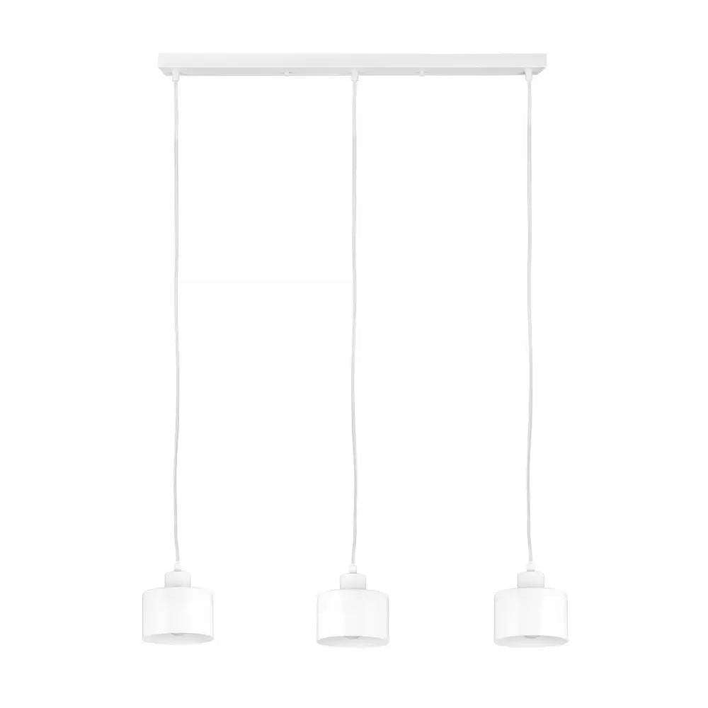 Taklampe Triple Hvit Skinne med tre hvite, sylindriske pendler og minimalistisk design sett forfra.