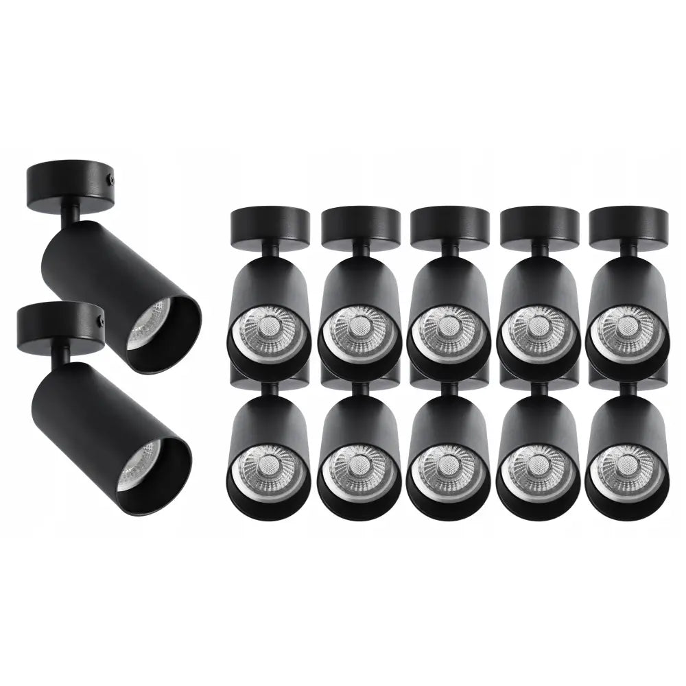 Taklampe og vegglampe med ti svarte sylinderspotter, rund base og synlig reflektor, sett forfra og fra siden.