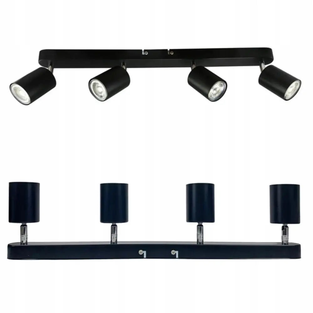 Takskinne LED taklampe med fire svarte, justerbare spotlys i matt metall, sett forfra og nedenfra.