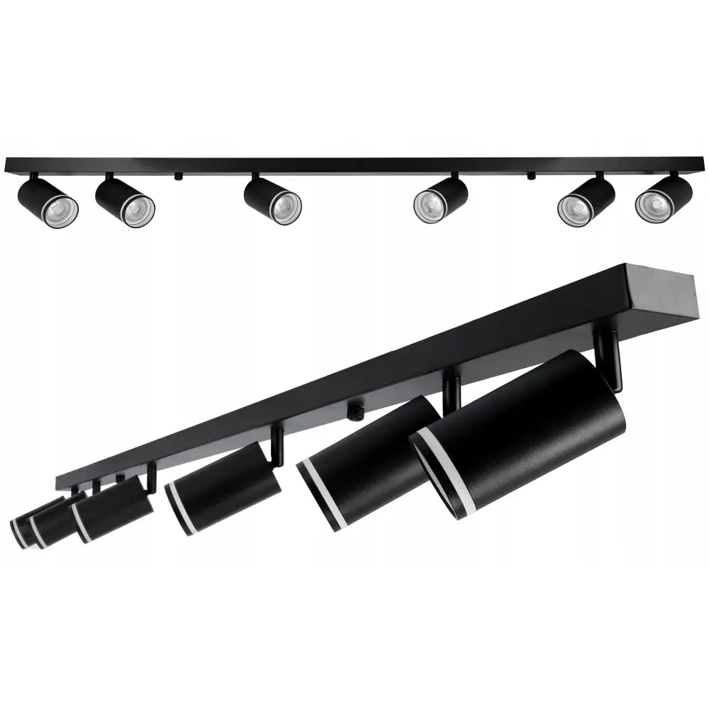 Takskinne spotlys med fem sorte, justerbare sylindriske halogenlamper i metall mot hvit bakgrunn.
