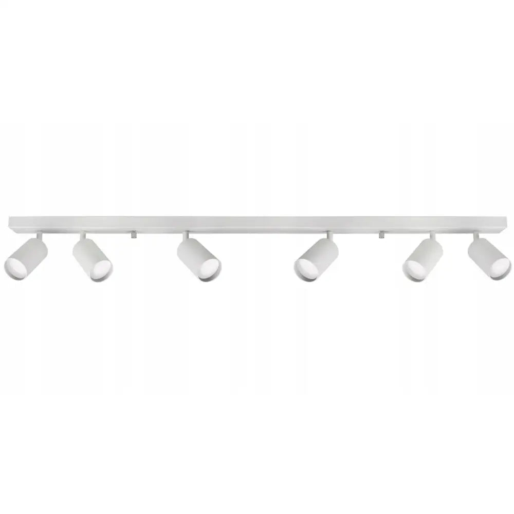 Takskinne spotlys i hvitt med fem justerbare sylindriske lamper, sett forfra i matt finish.