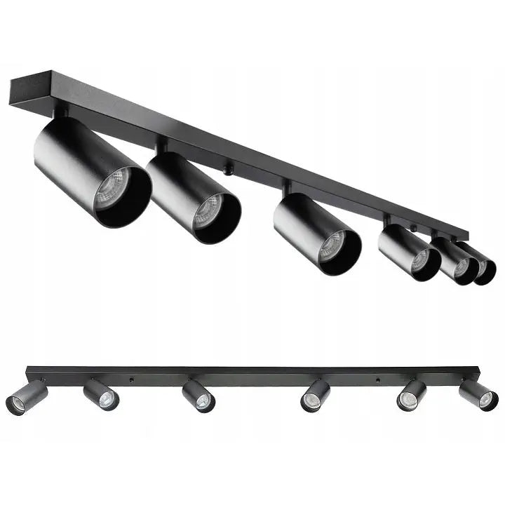 Takskinne taklampe med fem sorte sylindriske halogenspotter, sett forfra og fra skrå vinkel.