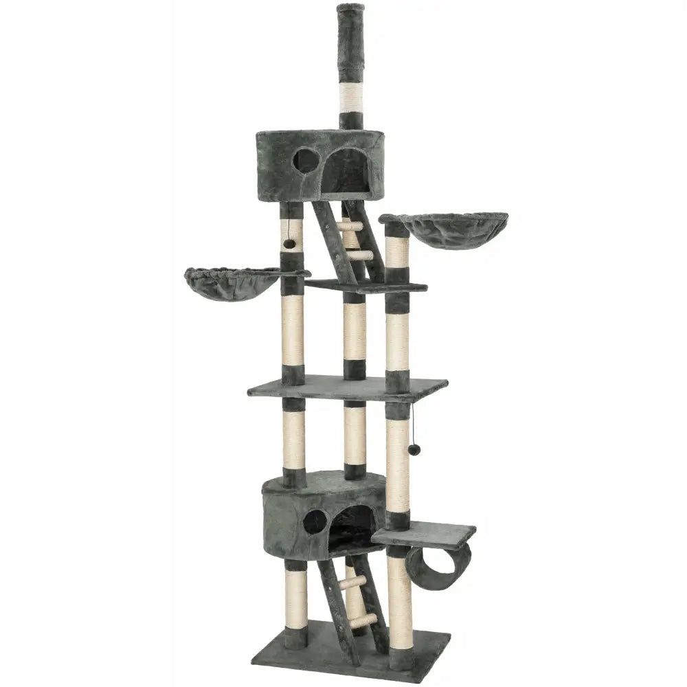 Taktilt klorestativ fra TecTake i grå plysj, frontvisning med flere plattformer, sovehus og hengekøyer.