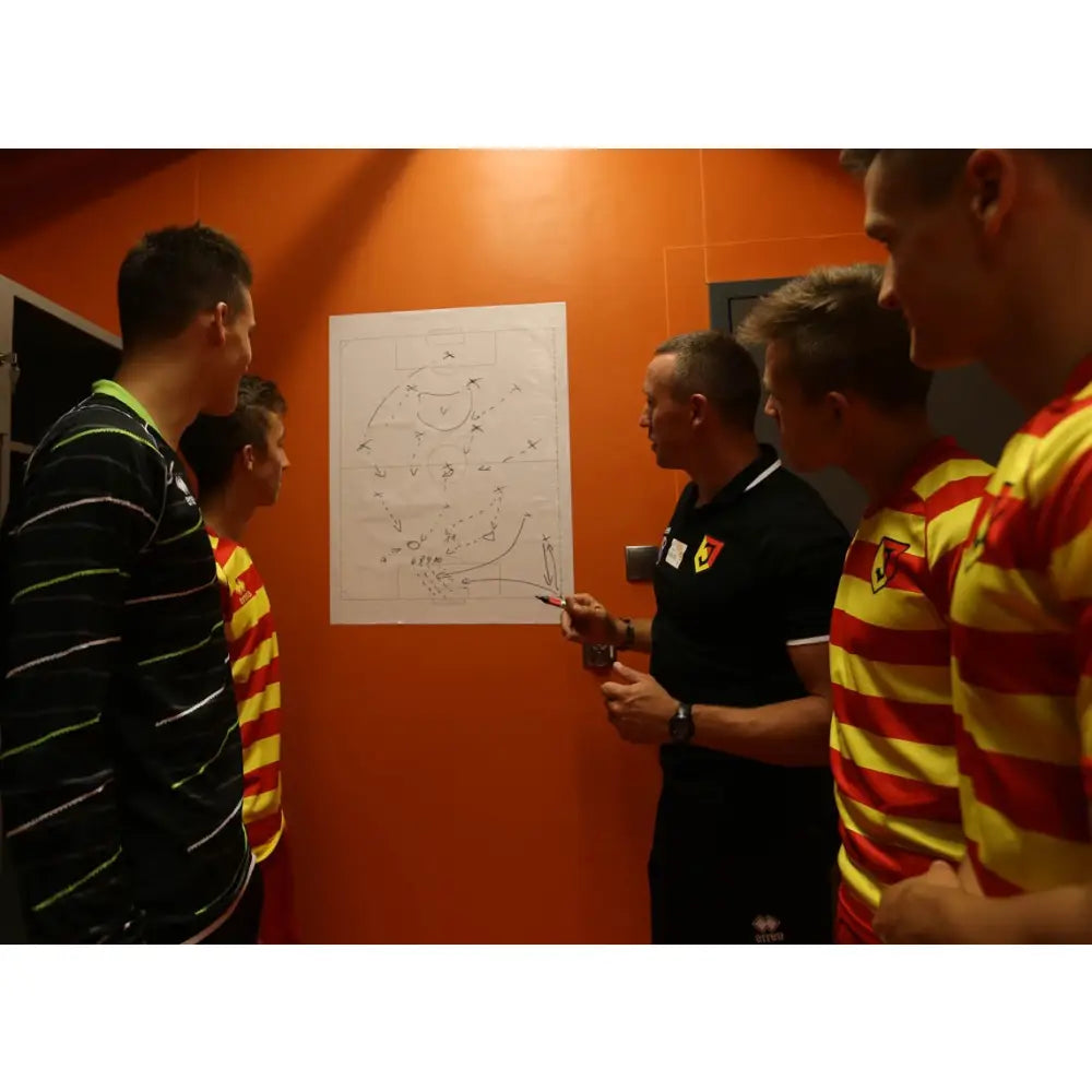 Taktisk Fotball Taktibrett Folie brukt i praksis, fire personer analyserer planskisse foran orange vegg.