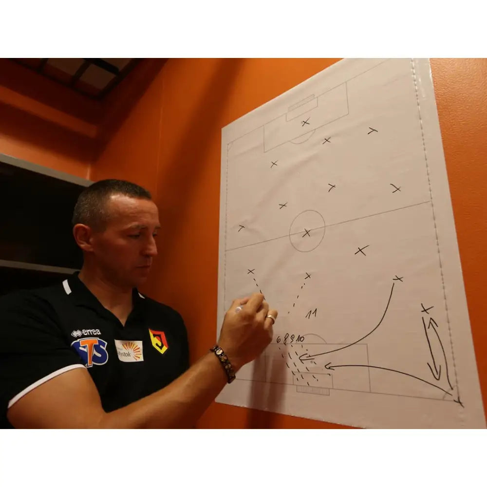 Taktisk fotball taktibrett folie, mann tegner strategilinjer på plansje mot oransje vegg, sideperspektiv.