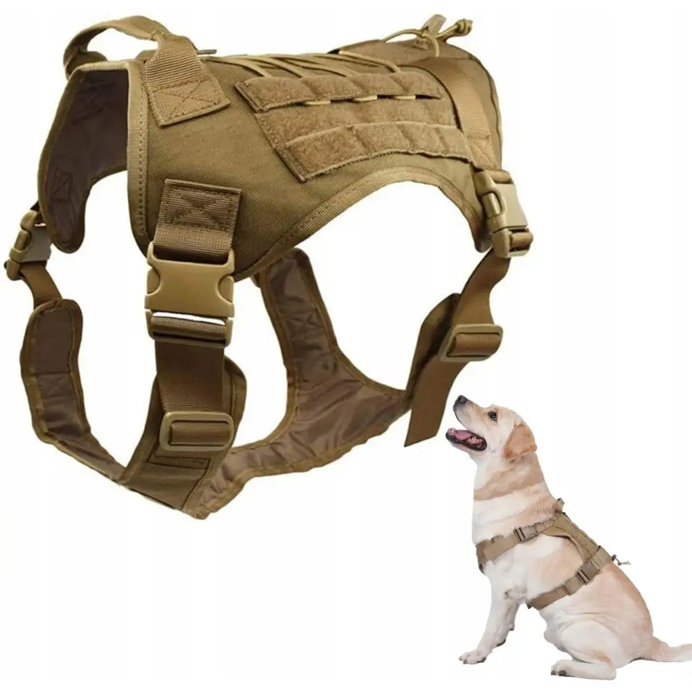 Taktisk sele for hund i størrelse L, beige tekstil med justerbare reimer, vises på hund fra siden.