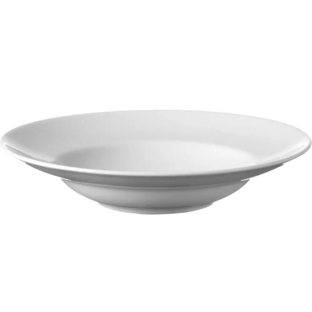 Hvit porselenstallerken for pasta, sett fra siden, viser den dype formen og den glatte, dekorfrie overflaten.
