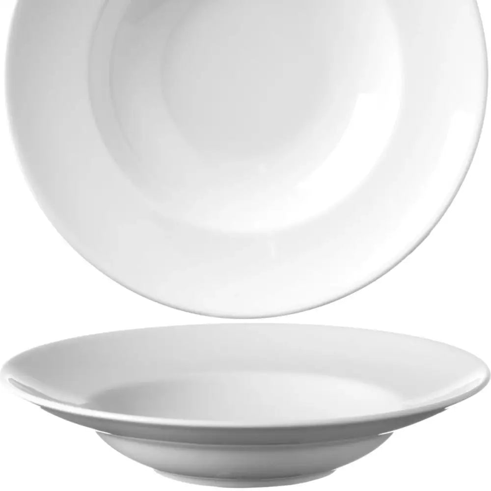 Tallerken for pasta makaron Speciale, hvit porselen, sett med seks, vises ovenfra og fra siden.
