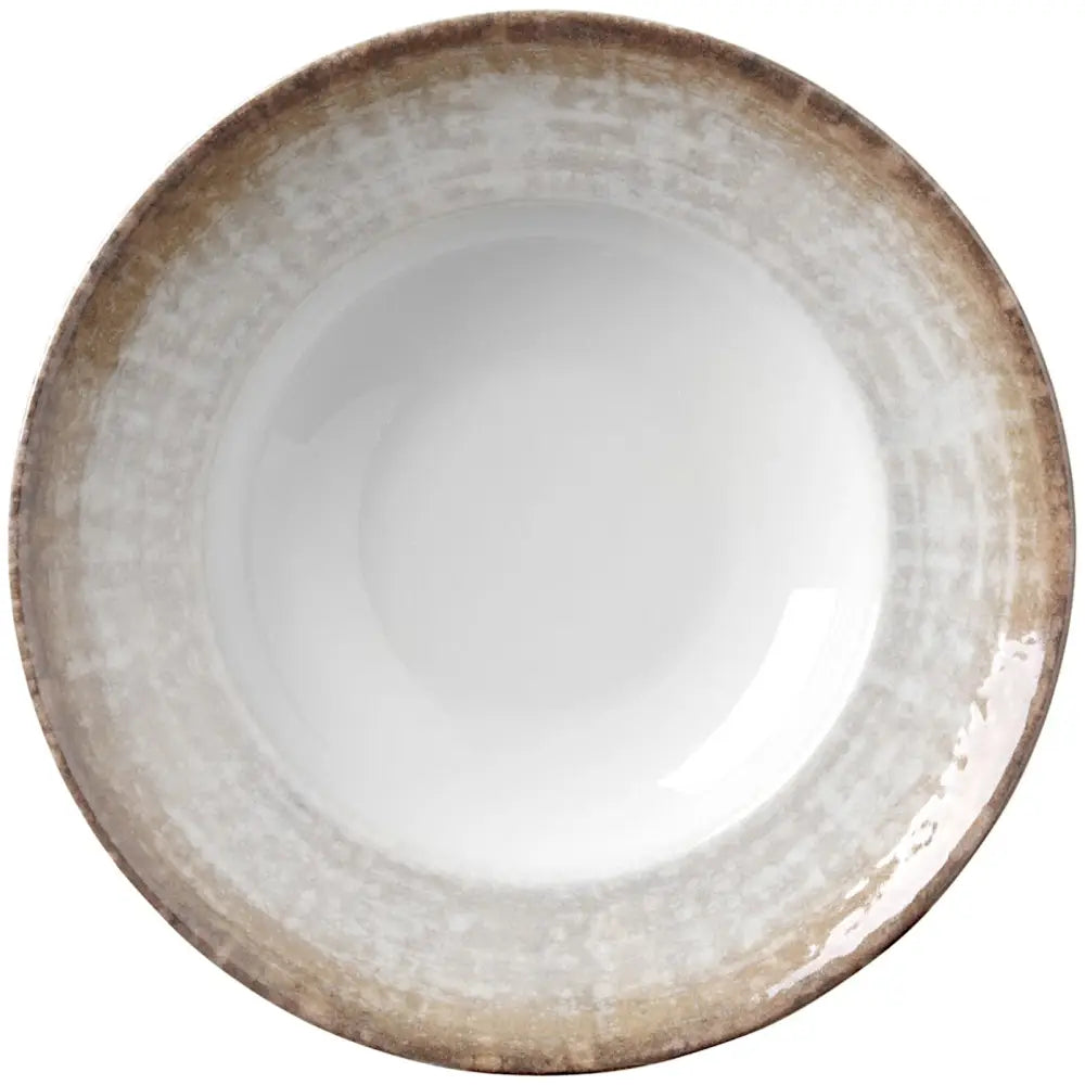Dyp keramikk tallerken Crete, sett ovenfra med hvit bunn og bred beige-brun mønstret kant.