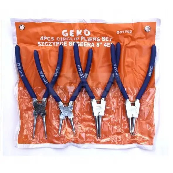 Tangsett for seger-ringer, fire blåhåndtakede tenger i oransje plastetui med gjennomsiktige lommer.