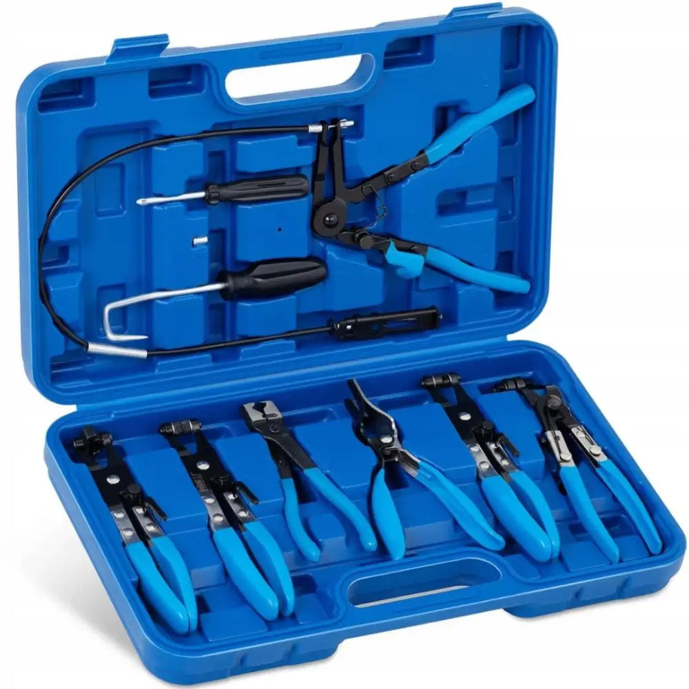 Tang for slangeklemmer og ledninger, ni deler i blått plastetui med sort metall og blå håndtak, sett skrått ovenfra.