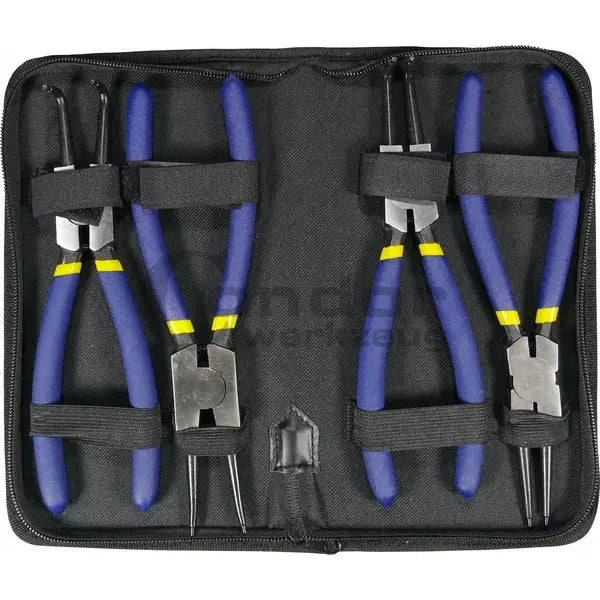 Tang Sett Segara med rette og buede tenger, fire verktøy i blått og gult etui, sett ovenfra.