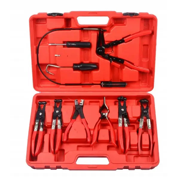 Tangsett for strammebånd, seks tenger og to små verktøy med røde håndtak i åpen rød plastkoffert.