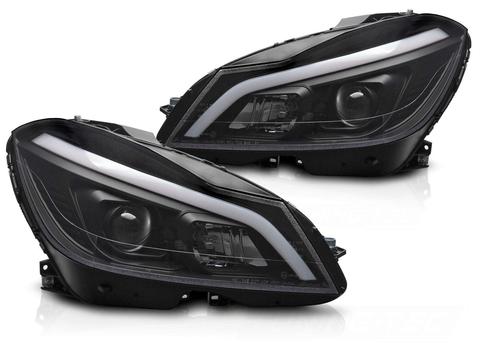 Frontlykter Mercedes C-klasse W204 11–14 LED Tube svart, sekvensiell DRL - LPMEF3