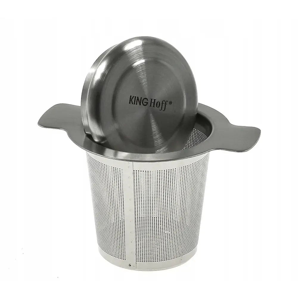 Te- og urteinfuser sil i rustfritt stål, sett skrått forfra med lokk og brede håndtak mot hvit bakgrunn.