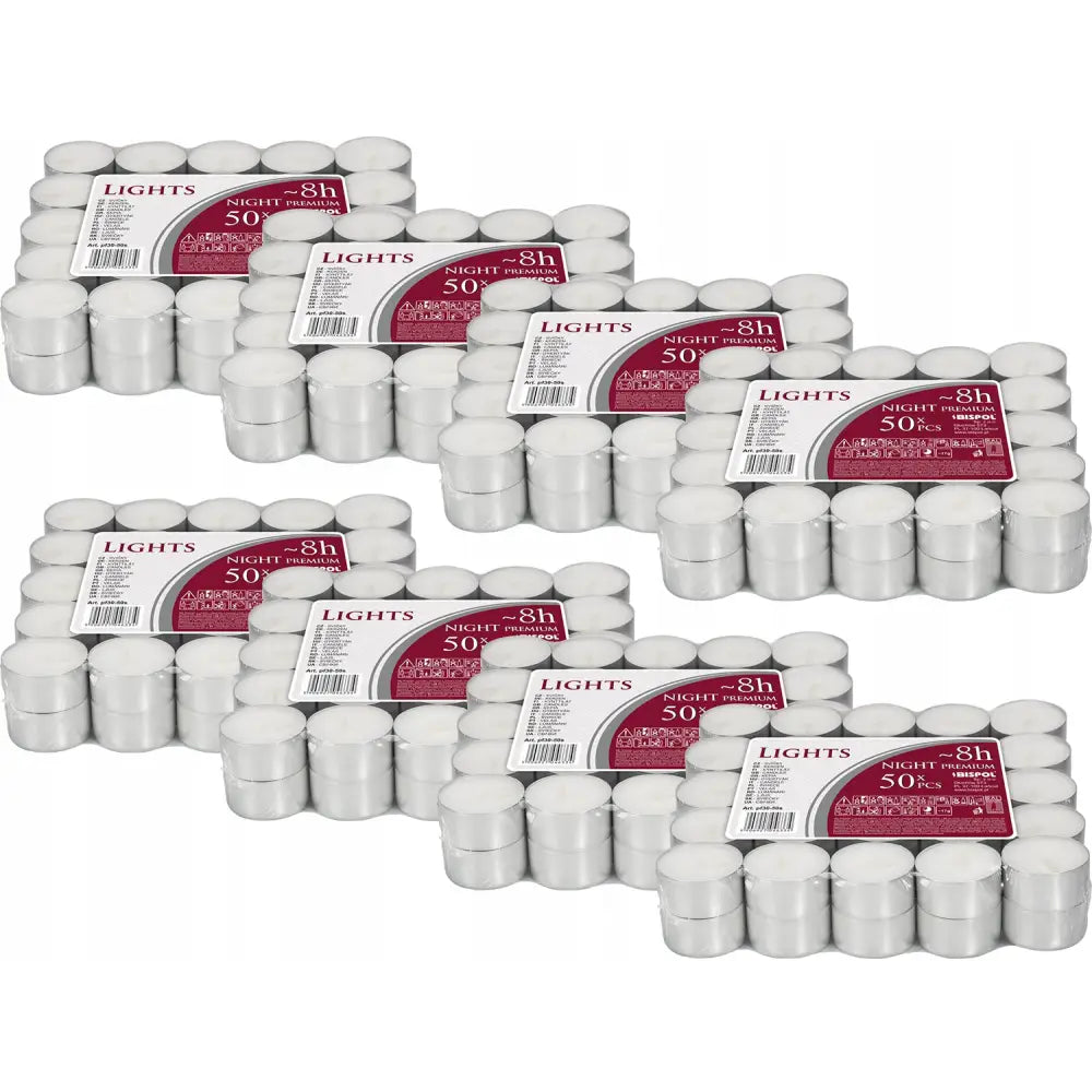 Tealight-stearinlysvarmere, fem pakker hvite telys i aluminiumsformer stablet med synlige etiketter.