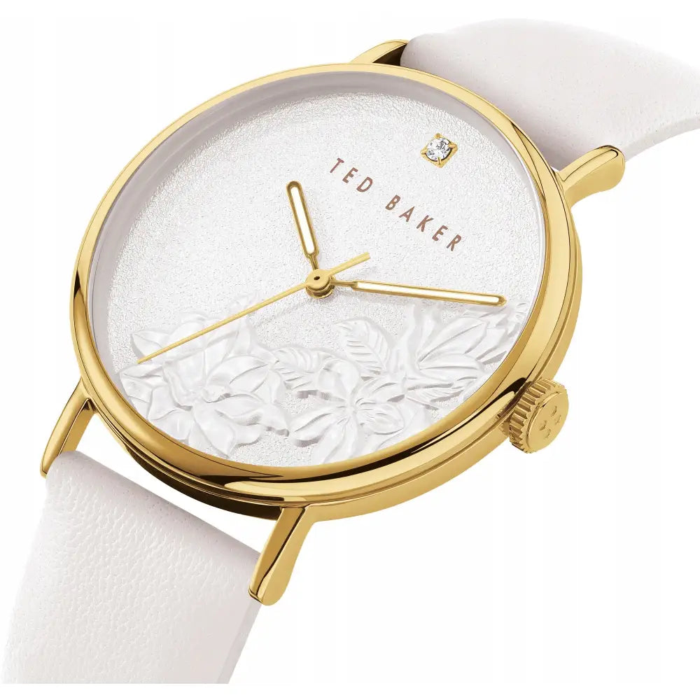 Ted Baker London Dameklokke i Gull med Hvit Rem Allergivennlig