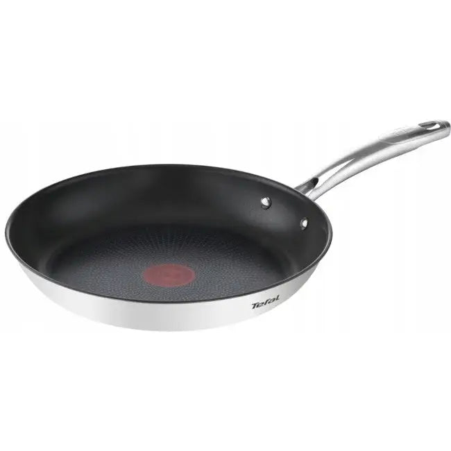 Tefal Duetto+ stekepanne 30 cm, skrått sett med sort non-stick belegg og synlig rødt temperaturfelt i midten.