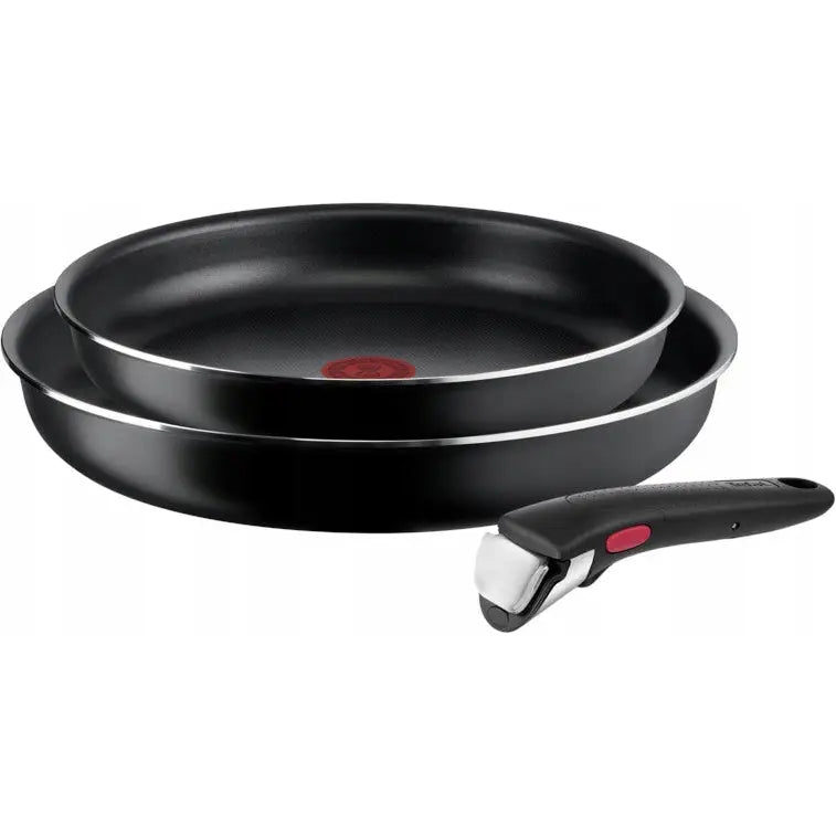Tefal Ingenio Easy Cook & Clean stekepannesett, to non-stick panner med avtakbart håndtak og røde detaljer.