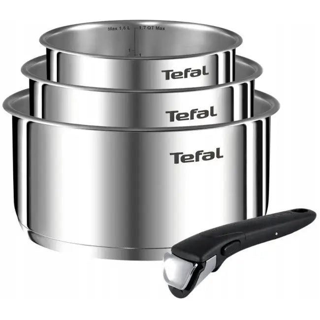 Tefal Ingenio Emotion grytesett med tre stablede kasseroller i stål og avtakbart svart håndtak foran.