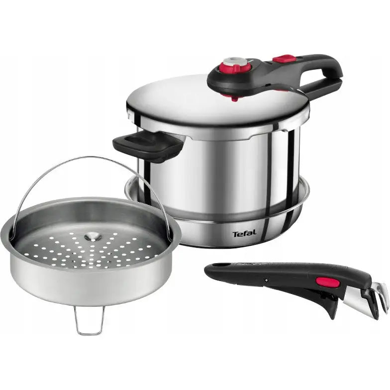 Tefal Ingenio Emotion hurtigkoker 6L i blankt stål, med dampinnsats, svart og rødt håndtak ved siden av.