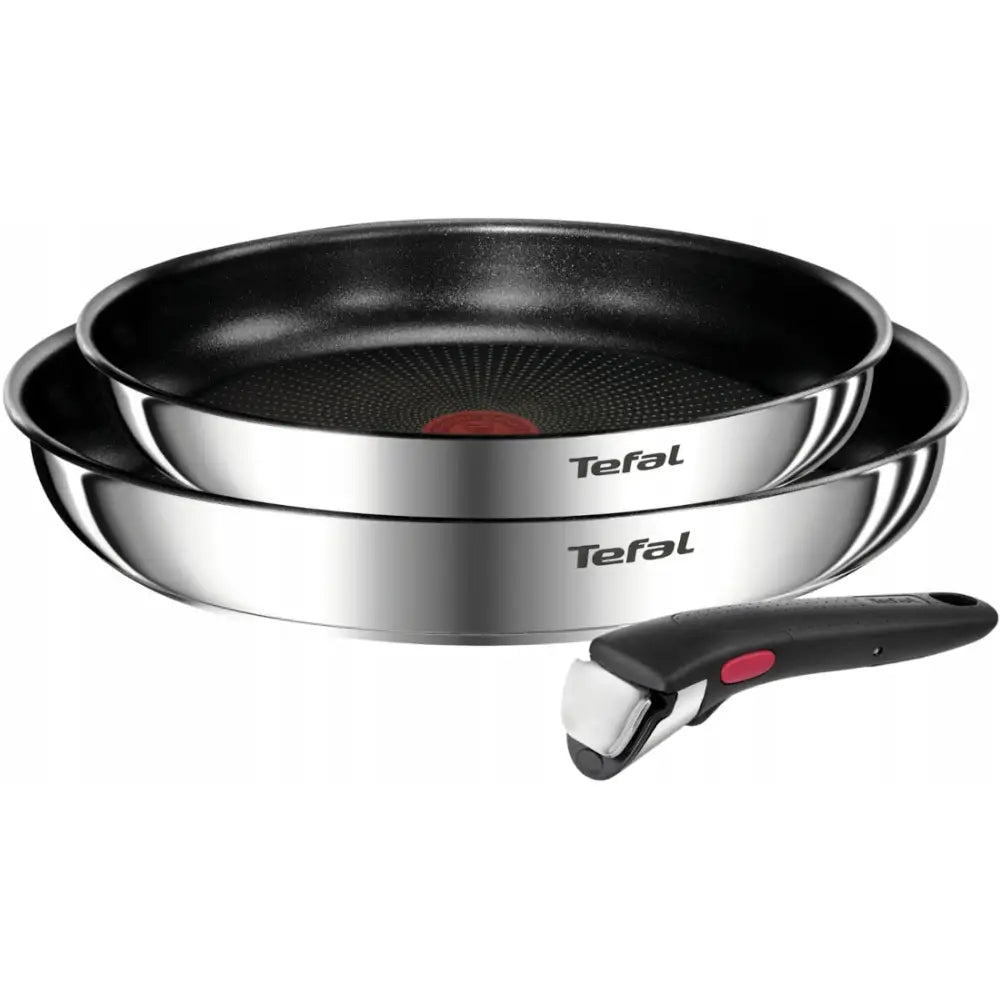 Tefal Ingenio Emotion stekepannesett, to panner i stål med slippbelegg, rød indikator og avtakbart sort håndtak.