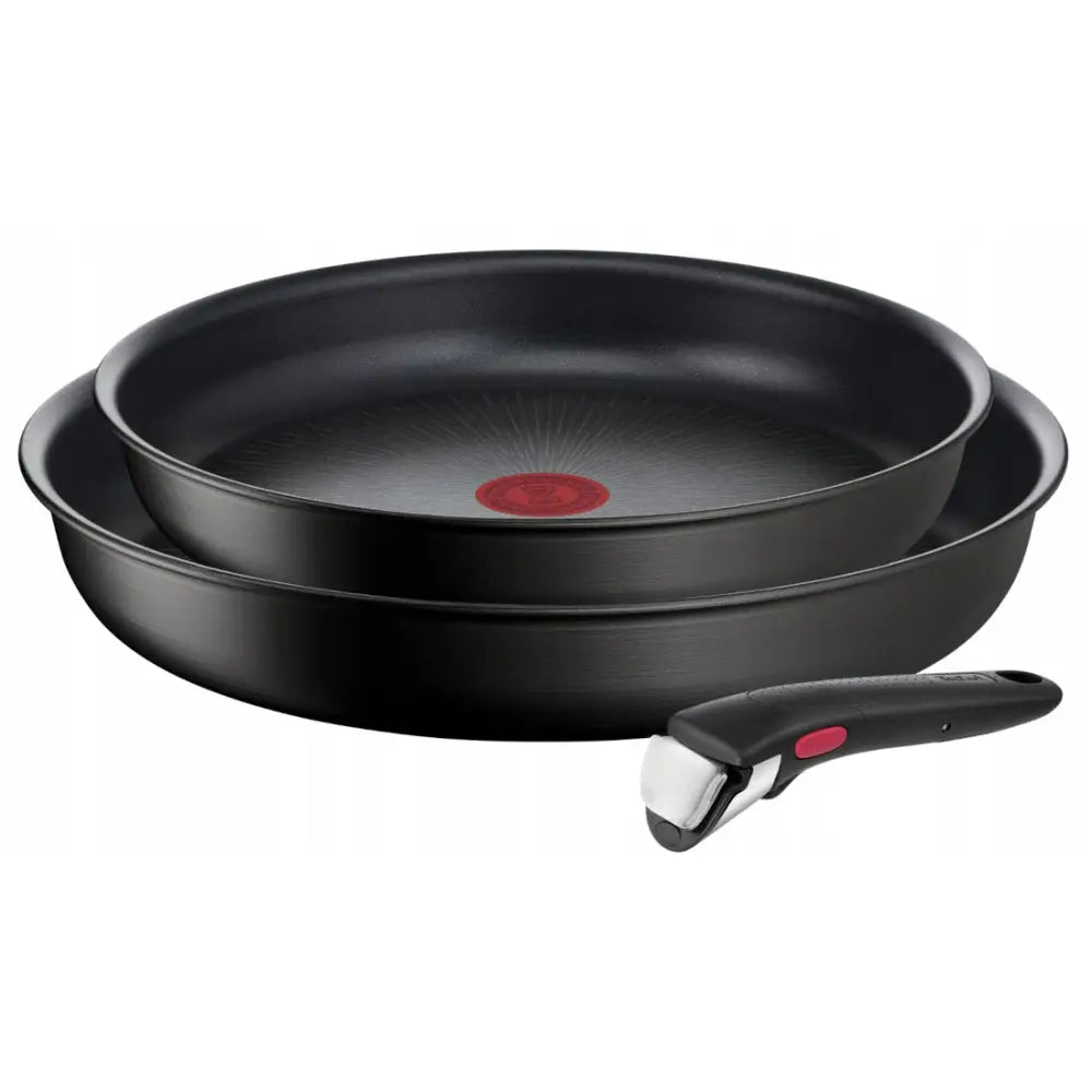 Tefal Ingenio Unlimited stekepannesett, to svarte panner med avtagbart håndtak med røde detaljer, sett ovenfra.