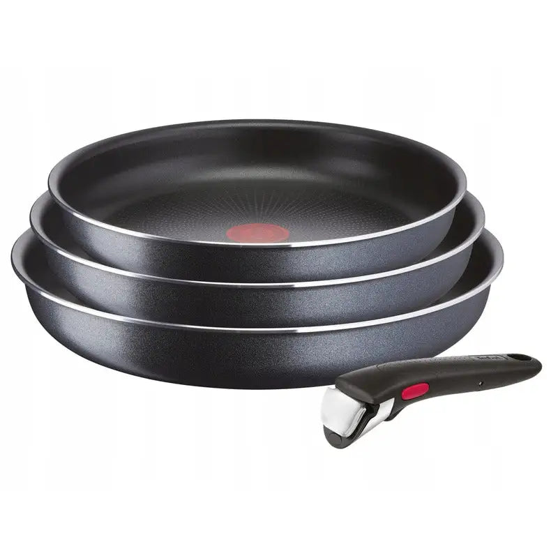 Tefal Ingenio XL Force stekepannesett, tre stablede svarte panner med avtakbart håndtak og rød varmeindikator.