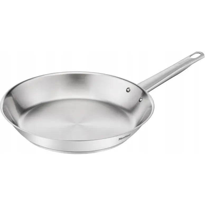 Tefal Professional stekepanne 28 cm i rustfritt stål, skrå oversiktsvinkel med langt håndtak og synlige nagler.