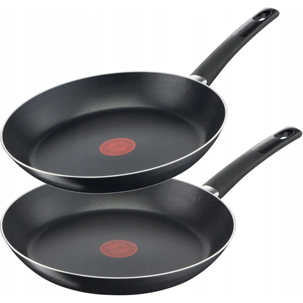 Tefal Simplicity stekepannesett med to svarte non-stick panner, synlig rød varmeindikator og sorte håndtak.