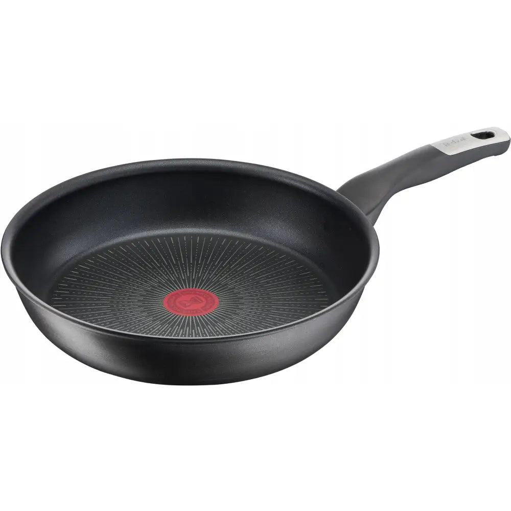 Tefal Unlimited stekepanne 30 cm, skrå vinkel med rød Thermo-Spot og sort håndtak med metall-detalj.