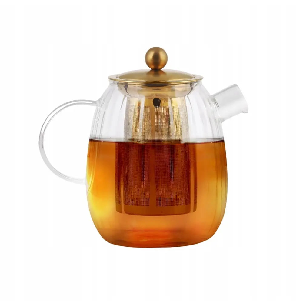 Teinfuser glasskanne 1L med gullfarget lokk og sil, frontvisning med mørk te og rundt klart håndtak.