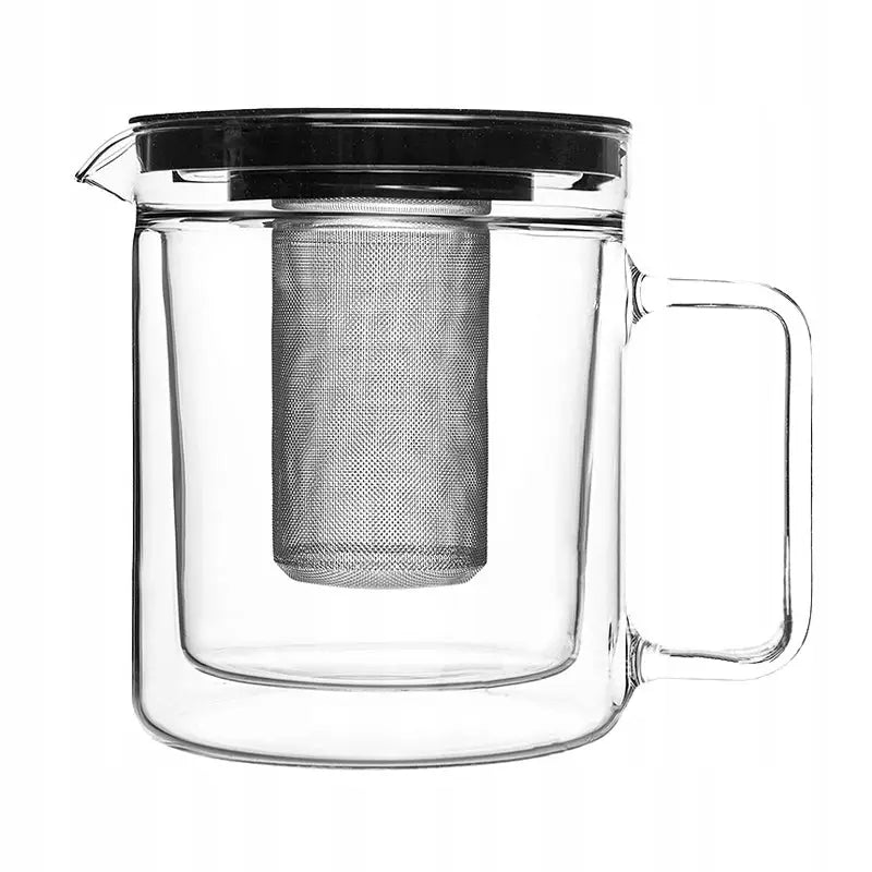 Tekanne med infuser, dobbeltvegget glass med sort lokk og metallfilter, sett fra siden i moderne design.