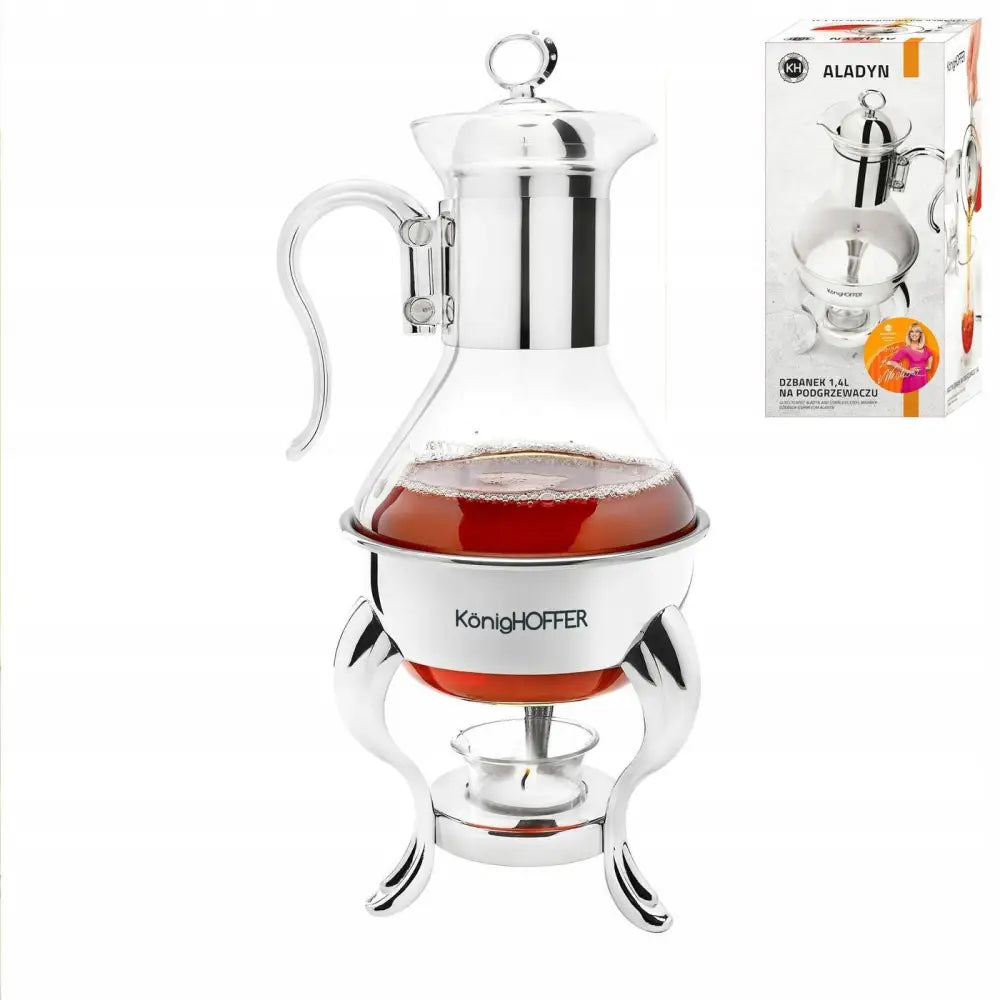 Tekanne med varmeholder fra Konighoffer, glasskanne i metallstativ med telysholder, emballasje i bakgrunnen.