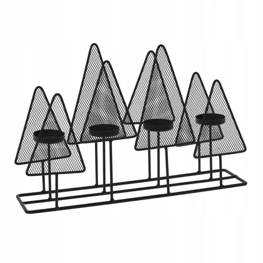 Telysholder Juletrær i svart metall med seks trekantede, nettingmønstrede elementer, sett fra siden.
